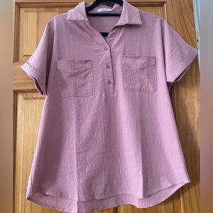 CHIGANT Dusty Pink Cotton Woven Short Sleeve Blouse Size S Casual Pocket Top